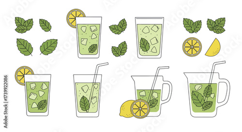 Vector illustration set of refreshing summer drinks with lemon and mint.