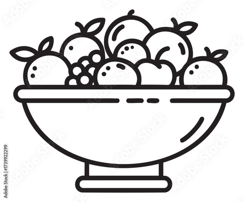 Black outline vector icon of a large fruit bowl filled with various fruits, including apples, oranges, and grapes.