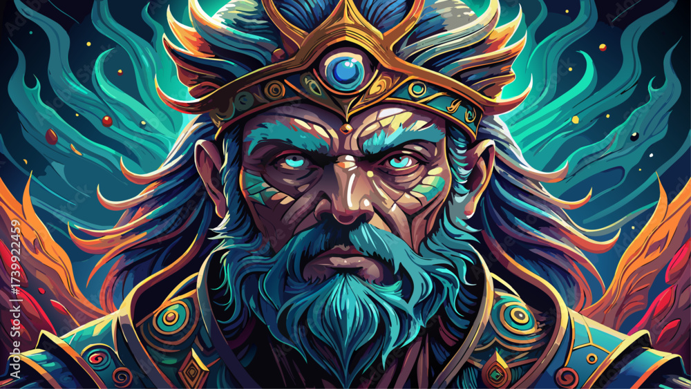 Fototapeta Close-up portrait of Odin, glowing wisdom eye, surreal divine face, fantasy aura, dreamlike Norse god, mythical power, imaginative design, epic close-up artwork, legendary all-father.