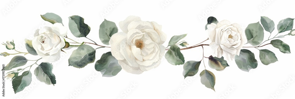 Fototapeta premium White Roses Accompanied by Green Leaves Forming Horizontal Watercolor Border Element