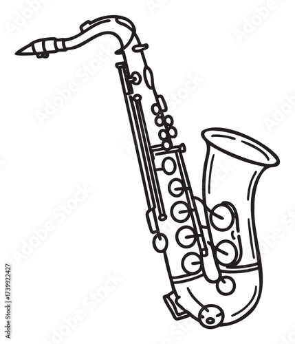 Black outline vector icon of a saxophone showcasing detailed design with keys and curves, ideal for music and instrument themes.