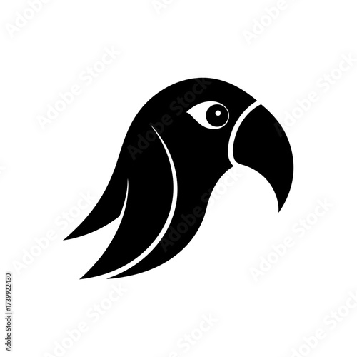 Silhouette of a bird head with curved beak on transparent background