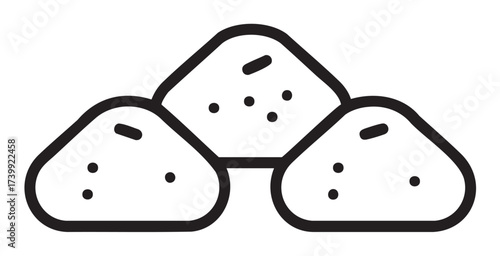 Black outline icon of three triangular rice balls with scattered sesame seeds depicted in a minimalistic linear style.