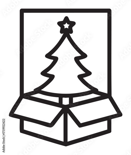 Simple black outline icon depicting a christmas tree with a star on top, emerging from an open box.