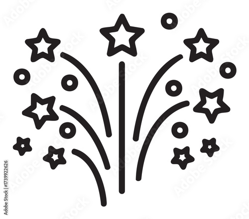 Black outline vector icon of fireworks bursting with stars and circles, symbolizing celebration and festive events.