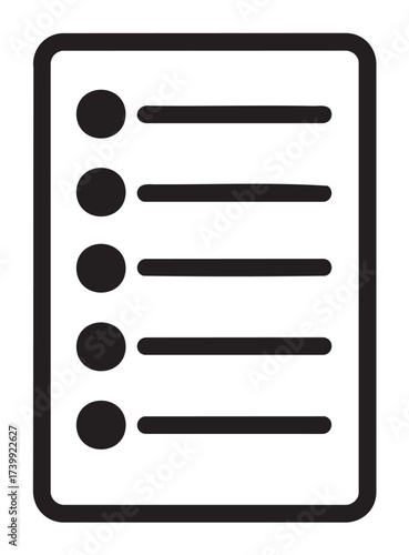 Black outline icon of a vertical list with five bullet points and horizontal lines. simple linear illustration for checklist and organization concepts.