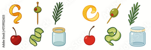 Assortment of fresh drink garnishes with orange peel, olive, rosemary, cherry, cucumber, and glass jar