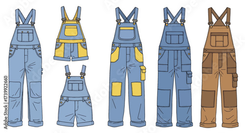 Illustrated set of various workwear overalls and dungarees.