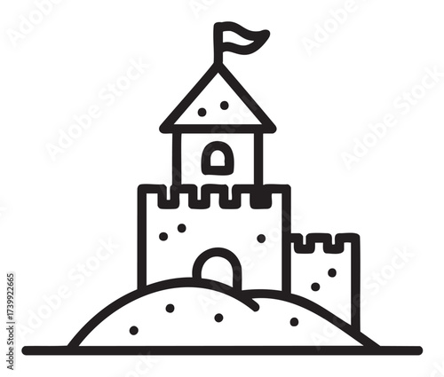 Black outline icon of a simple sandcastle with a central tower, flag, and surrounding walls on a small mound.