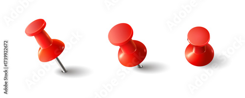 Red push pin set isolated on white background for office and school supplies design
