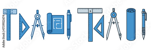 Assortment of blue drafting and architectural drawing tools including T-square, set square, compass, blueprint, and mechanical pencil