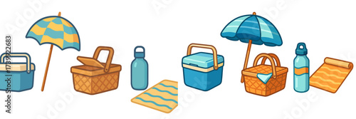 Summer outdoor activity accessories featuring picnic baskets, beach umbrellas, insulated coolers, water bottles, and mats for leisure
