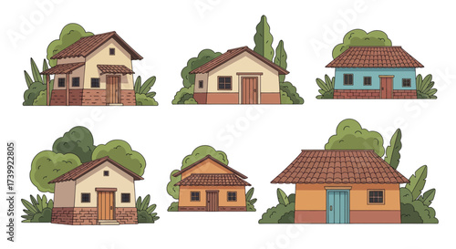 Set of illustrated traditional country houses with tiled roofs and green bushes.