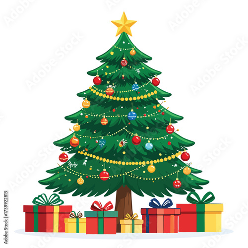 Decorated Christmas tree with star topper and colorful ornaments, surrounded by wrapped gifts with bows.