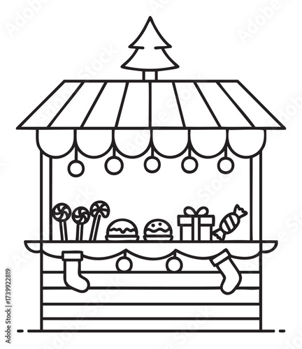 Black outline vector icon of a festive holiday market stall with candies, gifts, and a christmas tree decoration.