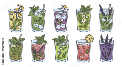 Colorful set of handdrawn herbal iced tea drinks in glasses.