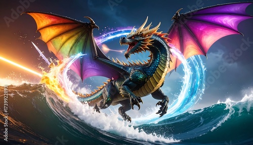 Flying Creature Over Ocean Waves with Rainbow Wings and Energy