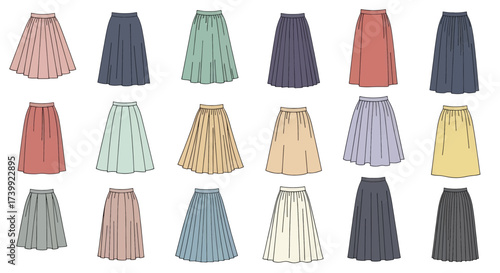 Vector illustration set of colorful pleated and gathered midi skirts.