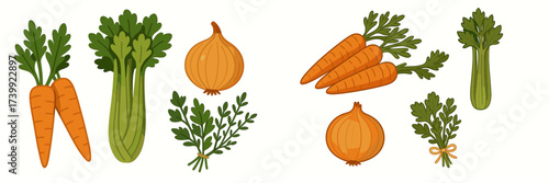 Fresh organic carrots, celery, onions, and parsley arranged as healthy cooking ingredients for culinary preparations