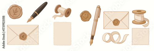 Collection of vintage letter writing elements including wax seals, fountain pens, envelopes, and blank paper sheets for correspondence