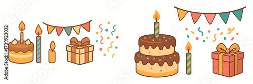 Festive birthday celebration elements set with cakes, lit candles, wrapped gift boxes, colorful confetti, and decorative party banners