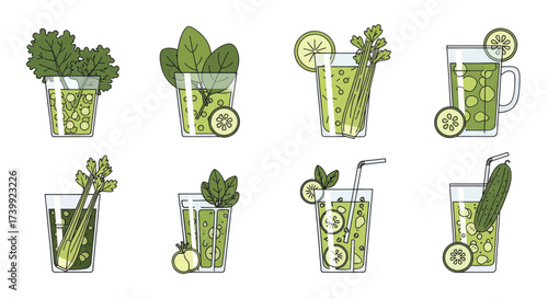 Set of healthy green vegetable smoothies and juices.