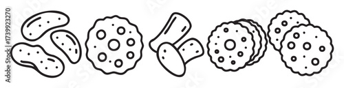 Black outline vector icons of various cookies, including chocolate chip and sandwich varieties, with minimal linear decoration resembling baked goods.