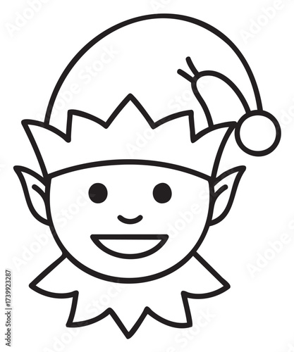 Simple black outline drawing of a smiling elf face wearing a pointed hat with a pom-pom, showcasing pointy ears and a festive collar.
