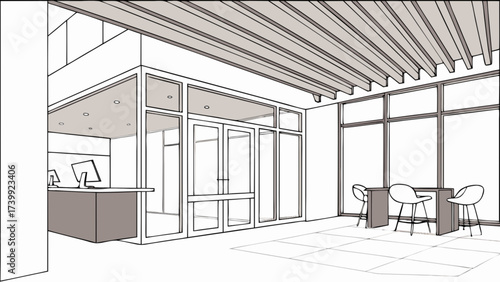 Illustration of a modern office lobby with reception desk and seating area near large windows