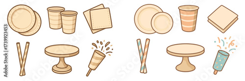 Collection of disposable party supplies including paper plates, drinking cups, napkins, cake stands, festive straws, and celebration poppers