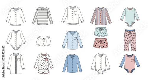 Set of vector illustrations of childrens sleepwear and bodysuits.