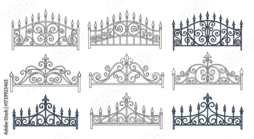 Set of decorative forged metal fences vector illustrations.