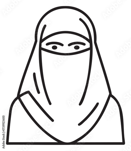 Black outline icon of a female wearing a niqab, with simple lines depicting the traditional islamic garment and facial features.