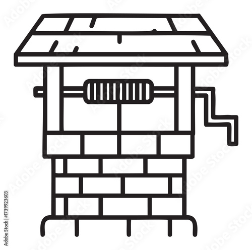 Black outline icon of a traditional brick well with a crank handle and a wooden roof. minimalist design for water retrieval and rural architecture concepts.