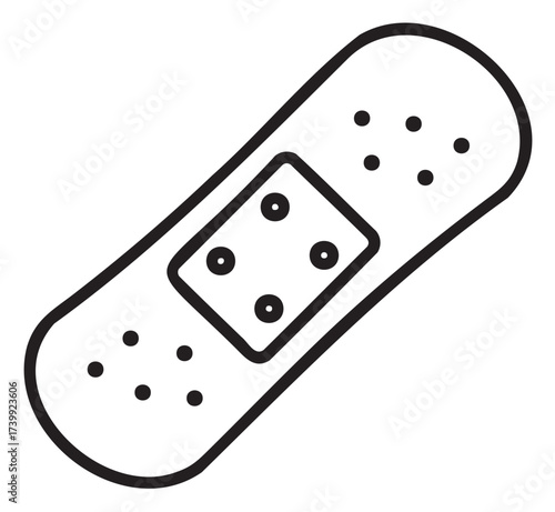 Black outline icon of a simple adhesive bandage with a rectangular pad and perforated edges in a minimalist design.