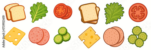 Fresh sandwich ingredients collection: bread, crisp lettuce, ripe tomato, yellow cheese, sliced salami, green cucumber