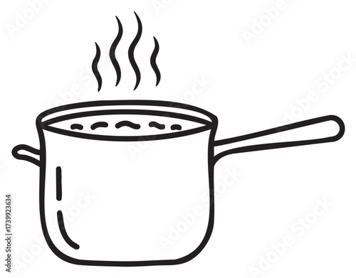 Black and outline drawing of a steaming pot filled with boiling liquid, designed for cooking and kitchen-themed concepts.