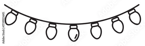 Black outline drawing of a string of seven simple rounded holiday lights hanging in a subtle curve.