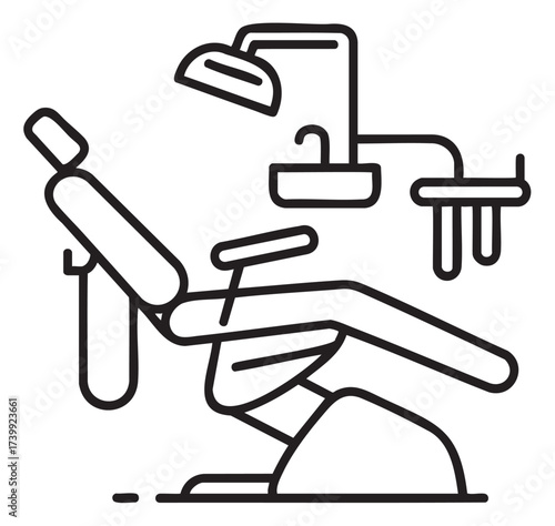 Black outline icon of a modern dentist chair with overhead lamp and attached sink in a minimal linear style.