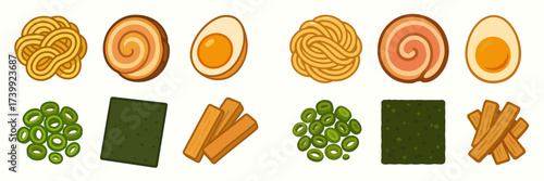 Popular ramen noodle soup ingredients and toppings such as egg, pork, seaweed, and green onions
