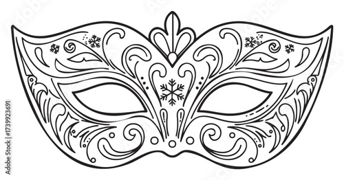 Intricate black-and- outline of a masquerade mask adorned with elegant floral and snowflake patterns.