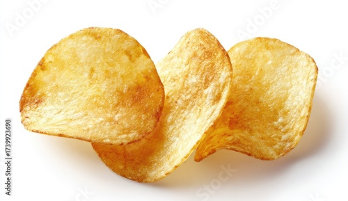 Close-up shot of three golden potato chips against a white background, slightly overlapping