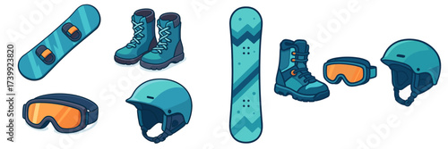 Essential winter sports equipment collection featuring snowboards, protective helmets, goggles, and sturdy boots for cold weather activities