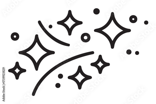 Black outline icon depicting a cluster of sparkles and stars of varying sizes with simple linear design, suggesting concepts of cleanliness, magic, and brightness.