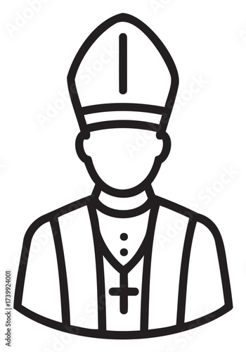 Outline icon of a person wearing clerical attire, featuring a miter and a robe with a cross necklace.