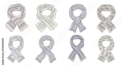 Handdrawn illustration set of various gray scarves.