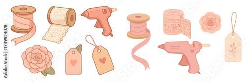 Collection of crafting essentials including ribbons, lace, glue guns, paper flowers, and decorative tags for creative projects
