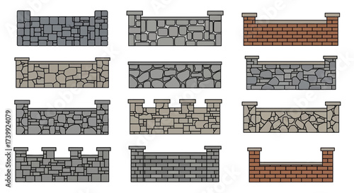 Various types of stone and brick walls vector set.