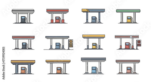 Colorful Gas Station and Fuel Pump Icon Set Illustration.