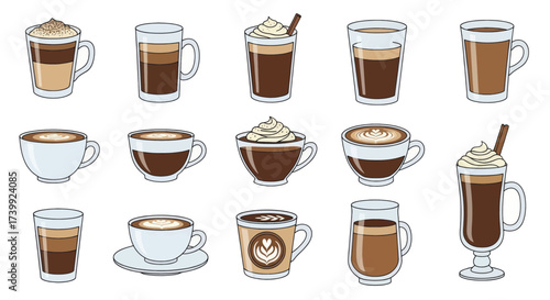 Set of different coffee drinks vector illustrations.